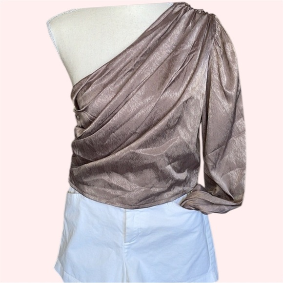 NWT Fiestar One Shoulder Top Side Zip Ruched Detail Shimmering Mauve Size Large - Picture 13 of 14
